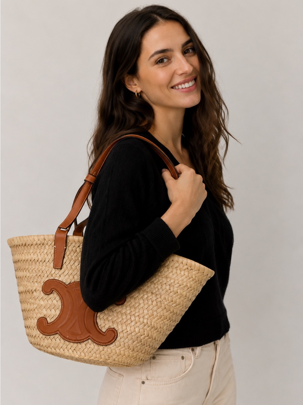 Authentic Celine Teen Triomphe Panier Raffia Basket Tote